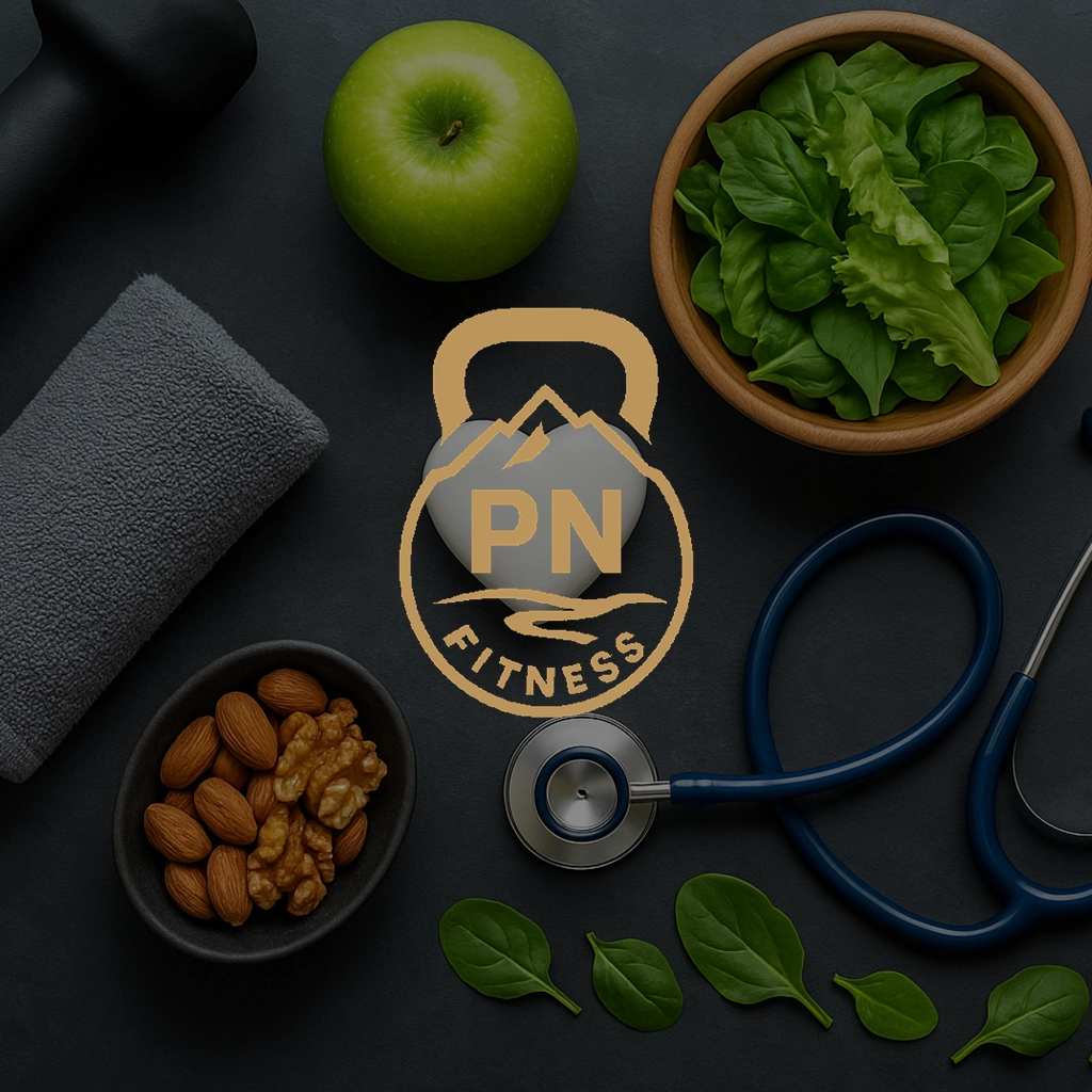 Image représentant la santé et le bien-être au gym PN Fitness dans la Petite-Nation, avec des aliments sains, un stéthoscope et du matériel d’entraînement.